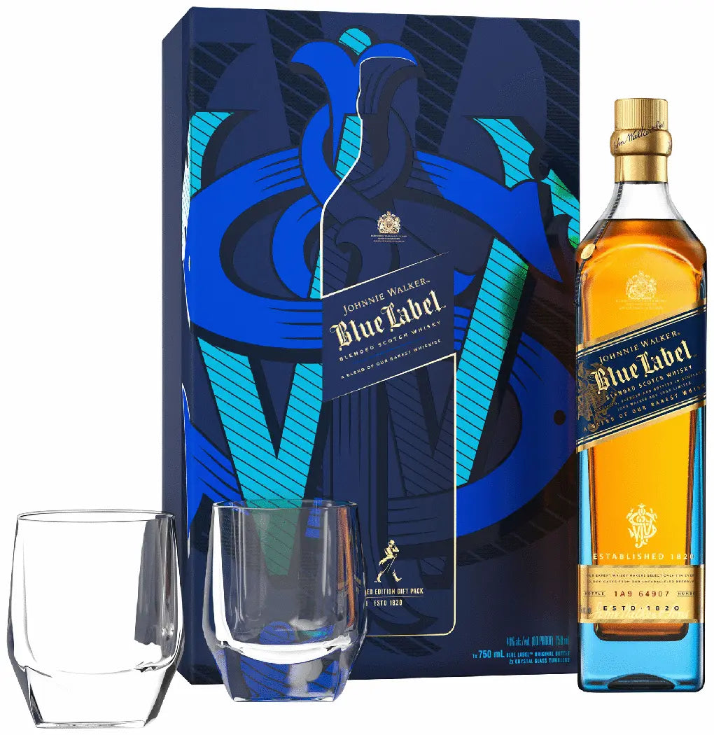 Johnnie Walker Blue Blended Scotch w/ 2 glasses